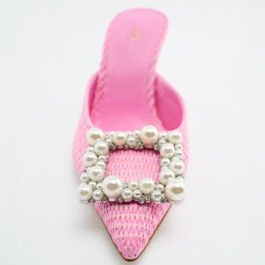 Zara Pink High Heel Pointed Toe Mule Shoes with Faux Pearl Beads Size 41
